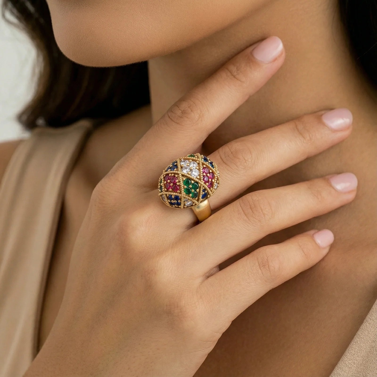 VAHN Signature Collection: Waterproof 18K gold-plated statement rings and premium tarnish-free jewelry. Hand featuring a luxury dome ring with colorful stones, crafted from hypoallergenic 316L stainless steel for a modern look.