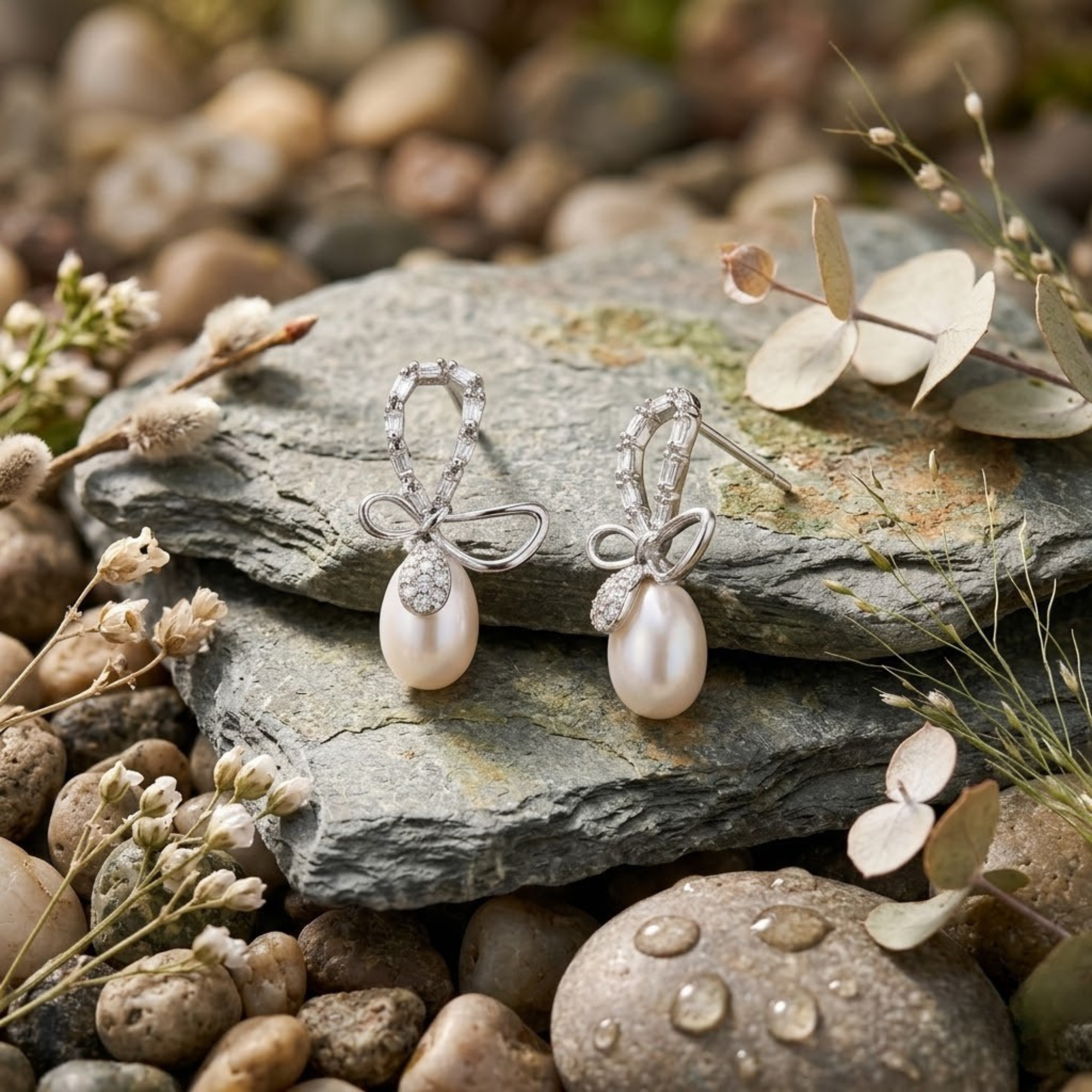 VAHN luxury ethical jewelry: Sterling Silver S925 pearl drop earrings on natural stones. Sustainable materials including recycled metals and eco-brass for tarnish-free durability.