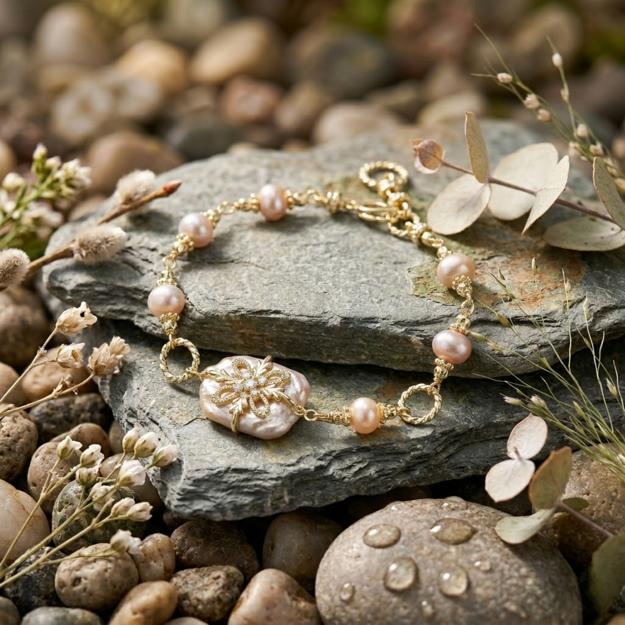VAHN ethical jewelry: gold-plated pearl bracelet on wet stones, waterproof and tarnish-free 18K gold jewelry for women.