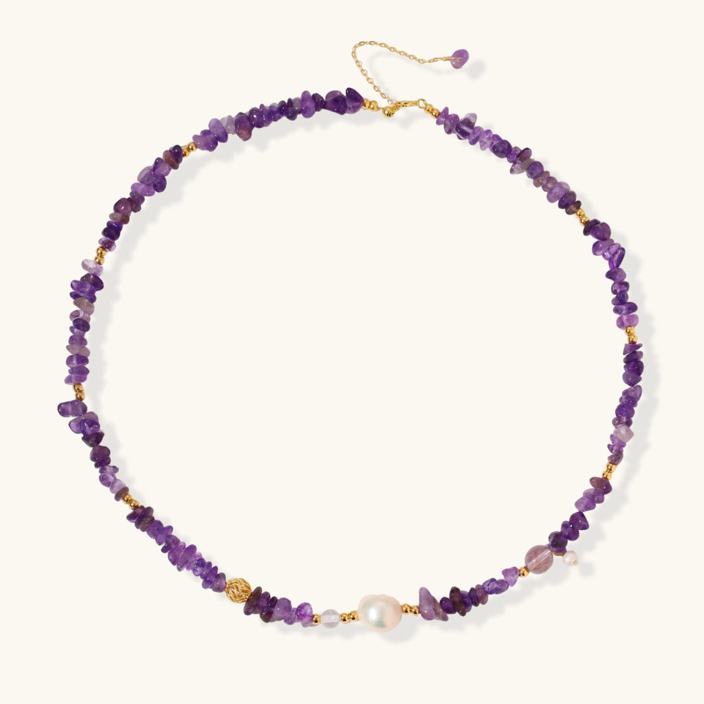 Circle view of amethyst pearl beaded necklace showing raw amethyst chips and gold vermeil rondelles by VAHN Jewels