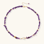 Circle view of amethyst pearl beaded necklace showing raw amethyst chips and gold vermeil rondelles by VAHN Jewels