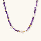 Amethyst pearl beaded necklace in 925 sterling silver with raw amethyst chips, freshwater pearl drop and gold vermeil accents by VAHN Jewels