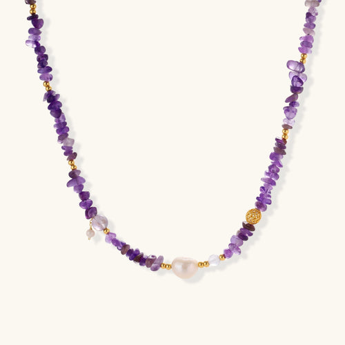 Amethyst pearl beaded necklace in 925 sterling silver with raw amethyst chips, freshwater pearl drop and gold vermeil accents by VAHN Jewels