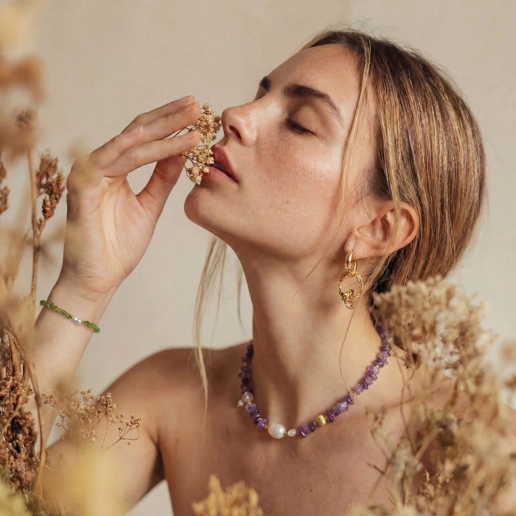 Editorial close-up of woman wearing raw amethyst and pearl beaded necklace by VAHN Jewels
