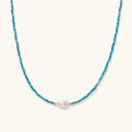 Apatite pearl beaded necklace with faceted teal apatite beads, freshwater pearl center and 18K gold vermeil accents by VAHN Jewels