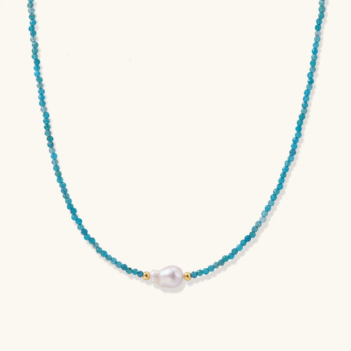 Apatite pearl beaded necklace with faceted teal apatite beads, freshwater pearl center and 18K gold vermeil accents by VAHN Jewels