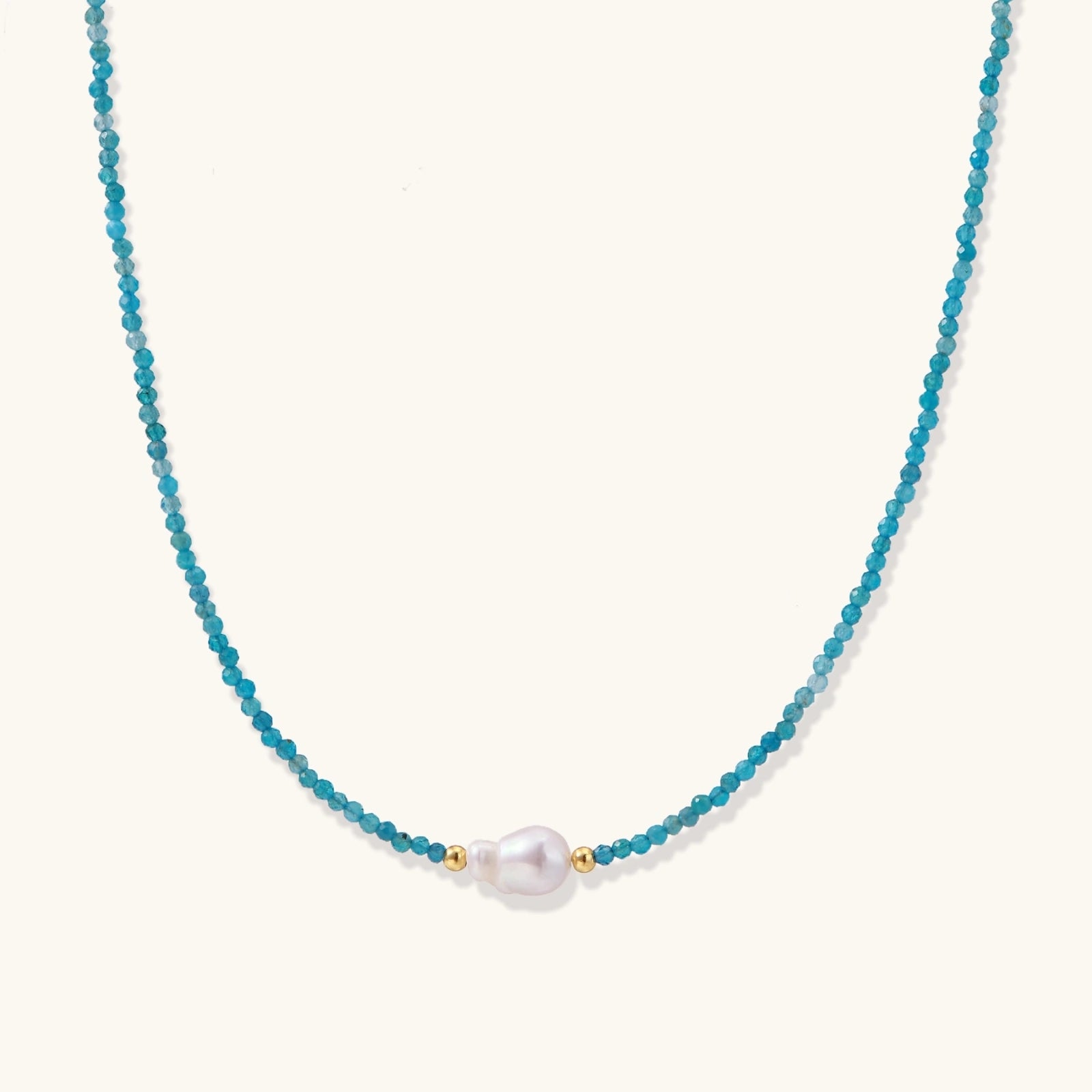 Apatite pearl beaded vermeil necklace with baroque freshwater pearl and turquoise apatite stones in 18K gold vermeil