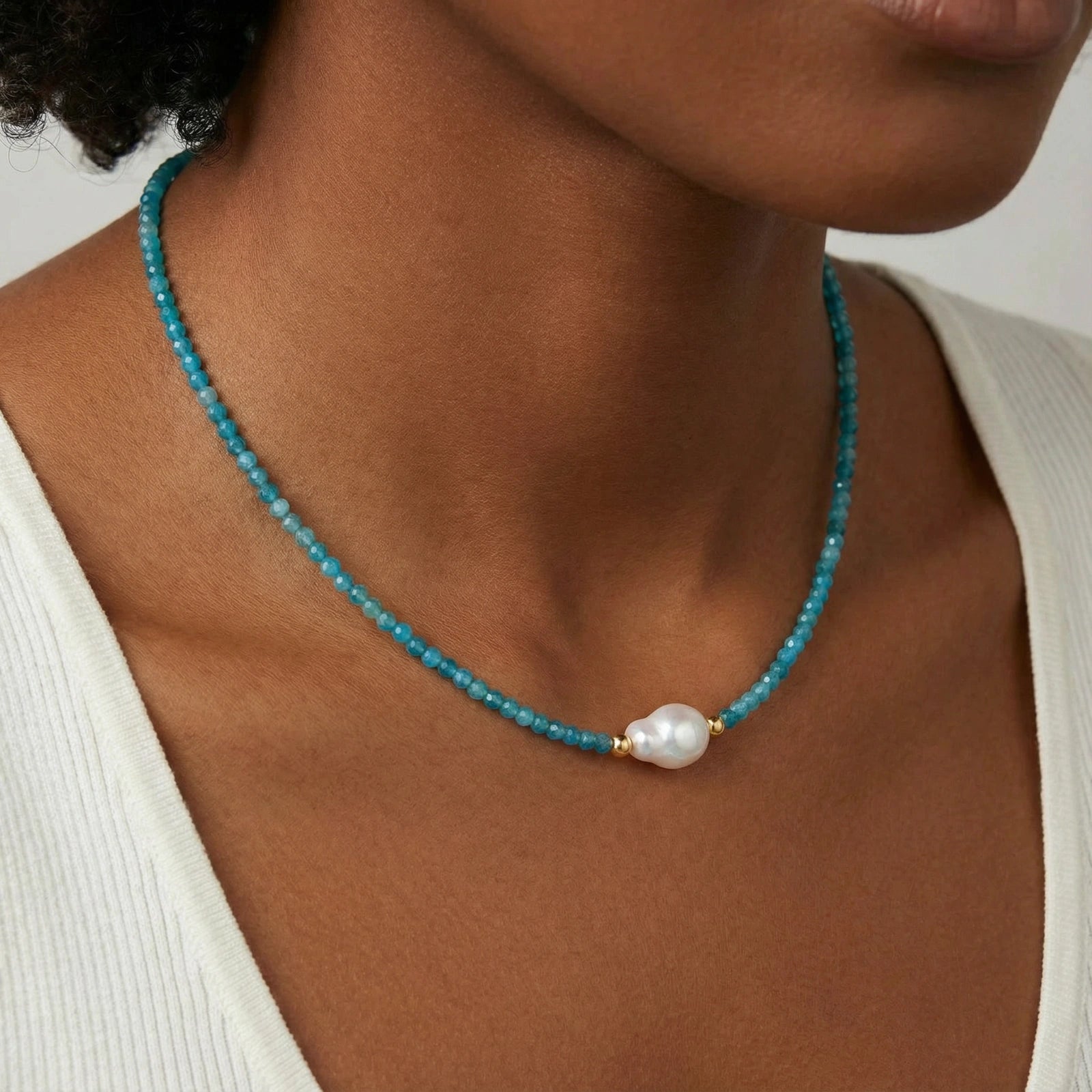 Woman wearing apatite pearl beaded vermeil necklace in 18K gold vermeil by VAHN Jewels