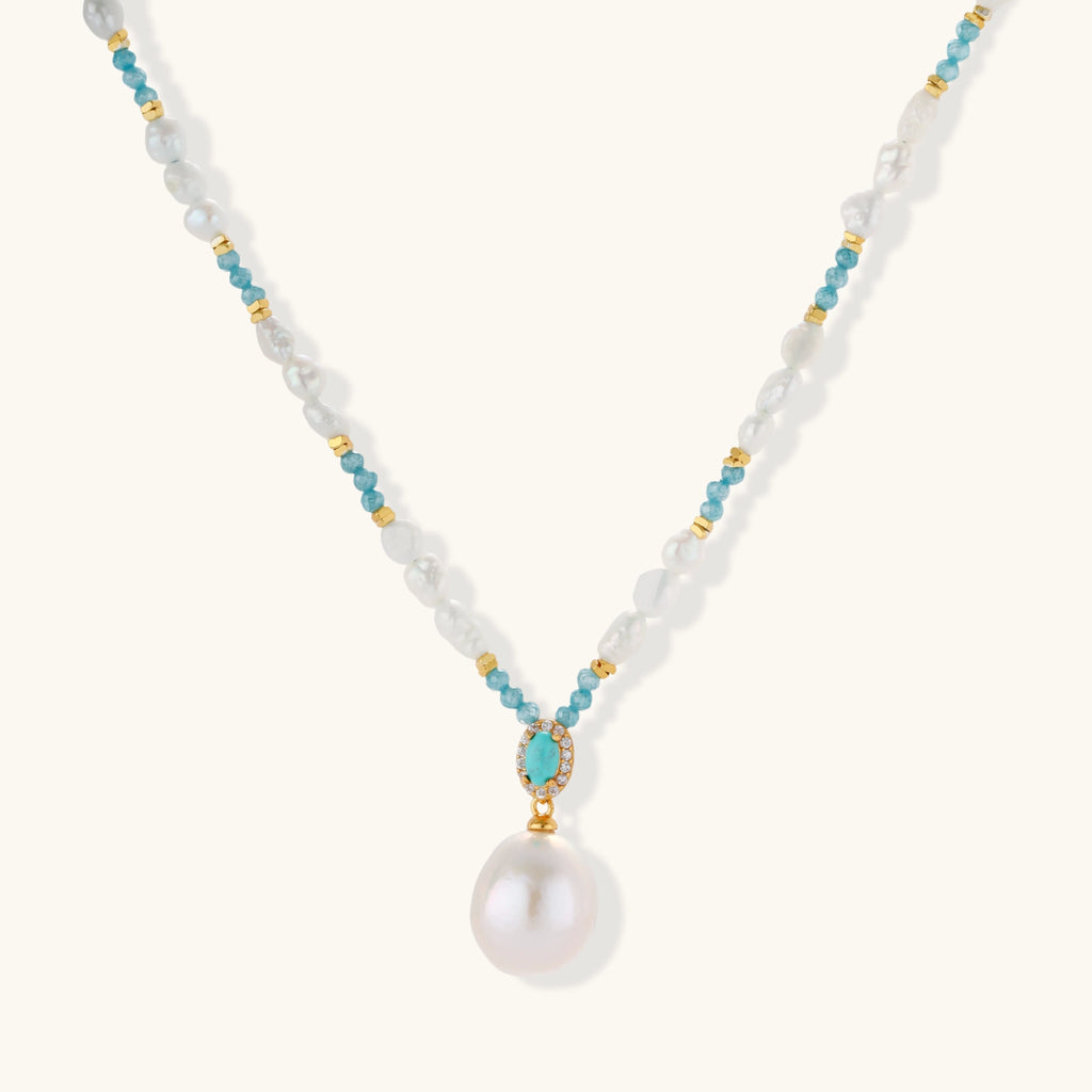Aqua Bloom Edison pearl statement necklace in 925 sterling silver with turquoise and pave zircon pendant