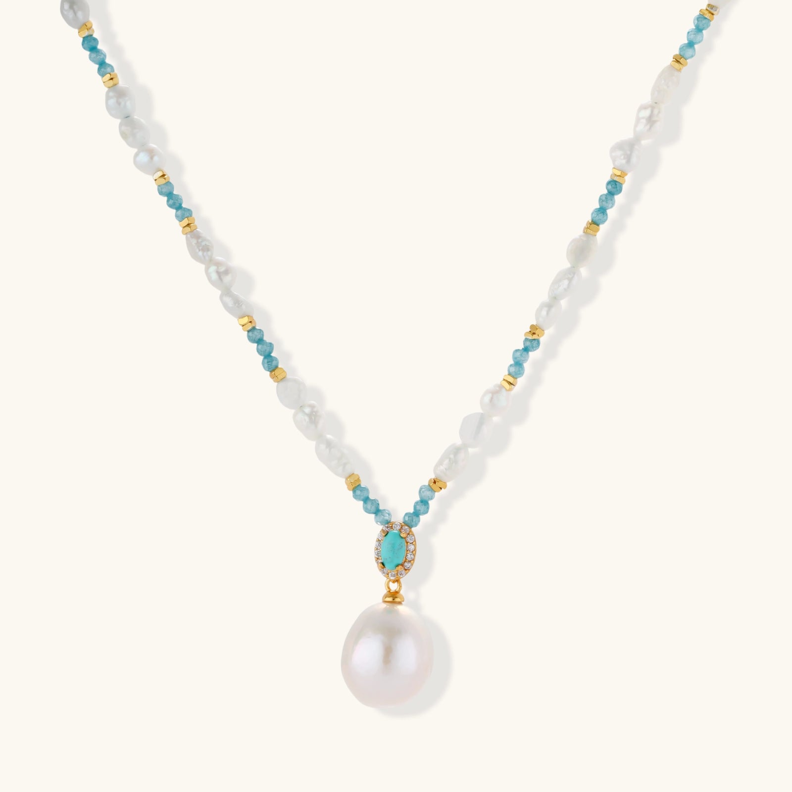Aqua Bloom Edison pearl statement necklace in 925 sterling silver with turquoise and pave zircon pendant