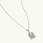 Full length view of Art Deco moissanite pendant necklace on fine 925 silver cable chain by VAHN Jewels