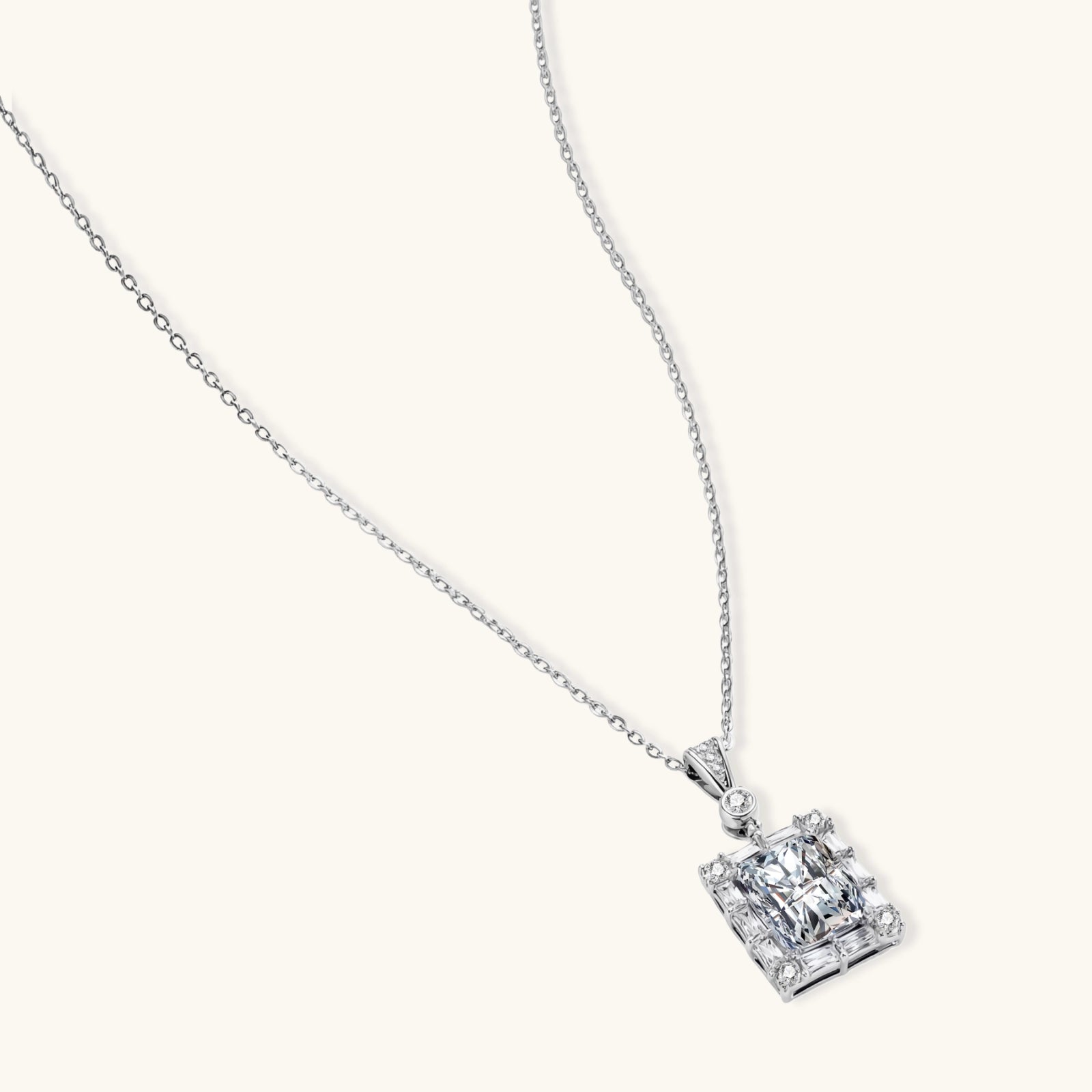 Full length view of Art Deco moissanite pendant necklace on fine 925 silver cable chain by VAHN Jewels
