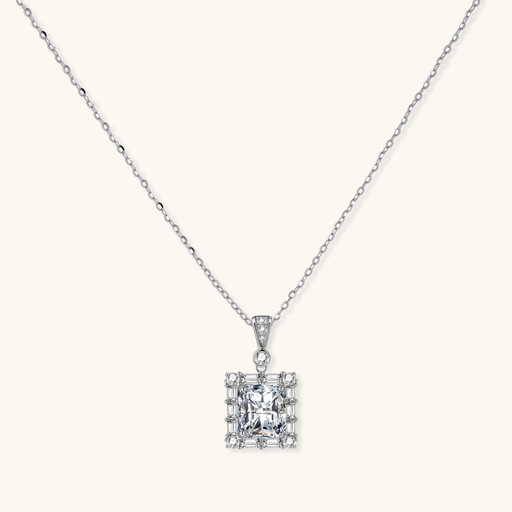 Art Deco moissanite pendant necklace in 925 sterling silver with 3ct VVS1 cushion-cut moissanite and baguette halo by VAHN Jewels