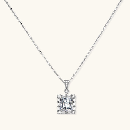 Art Deco moissanite pendant necklace in 925 sterling silver with 3ct VVS1 cushion-cut moissanite and baguette halo by VAHN Jewels