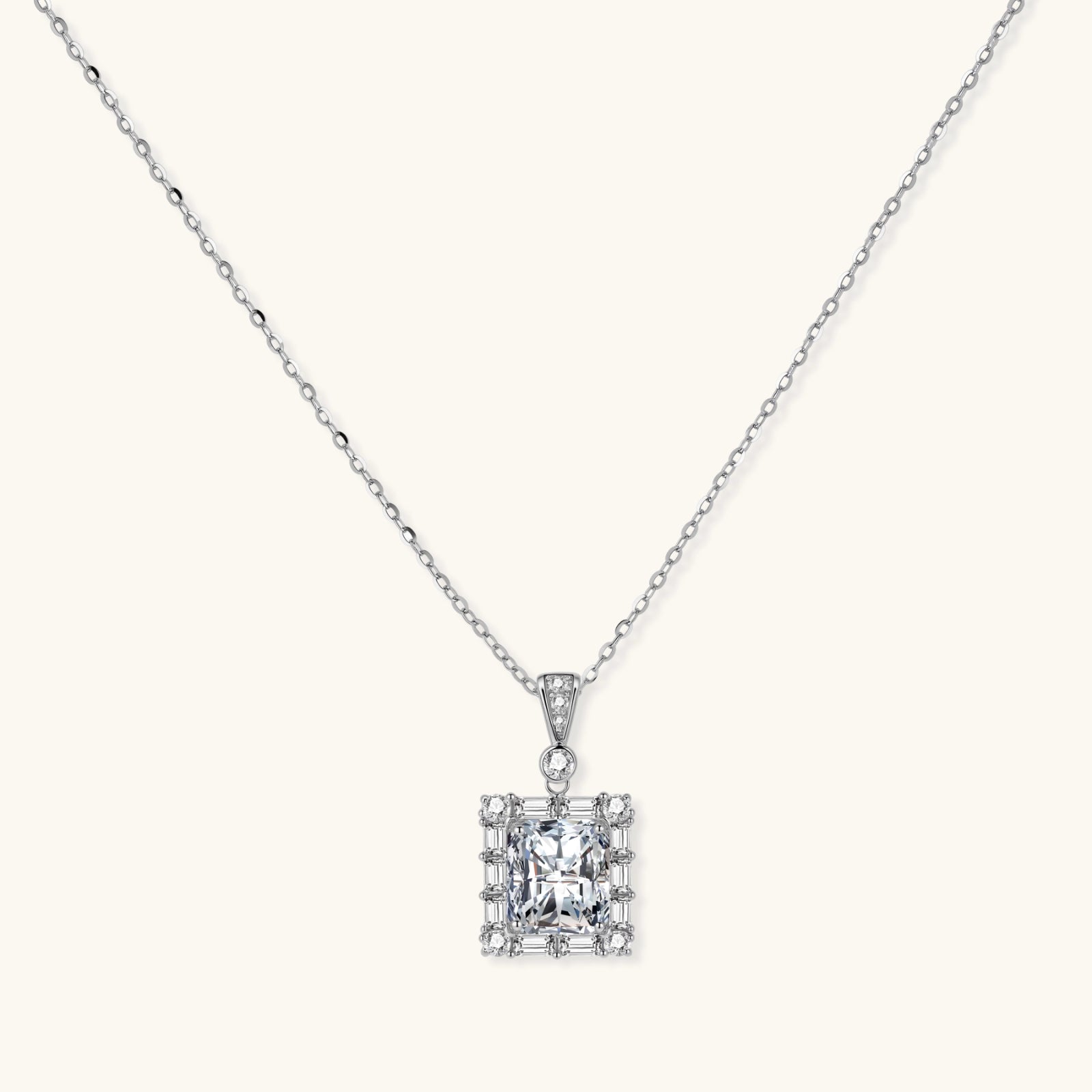 Art deco moissanite silver pendant necklace in 925 sterling silver with 3 carat VVS1 emerald-cut moissanite