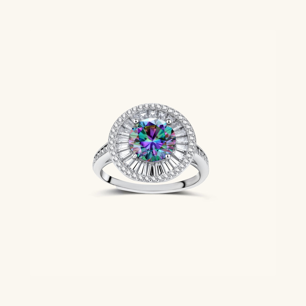 Rainbow moissanite ring with 2ct VVS1 center and Art Deco baguette halo in 925 sterling silver, front view | VAHN Jewels