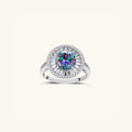Rainbow moissanite ring with 2ct VVS1 center and Art Deco baguette halo in 925 sterling silver, front view | VAHN Jewels