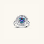 Rainbow moissanite ring with 2ct VVS1 center and Art Deco baguette halo in 925 sterling silver, front view | VAHN Jewels