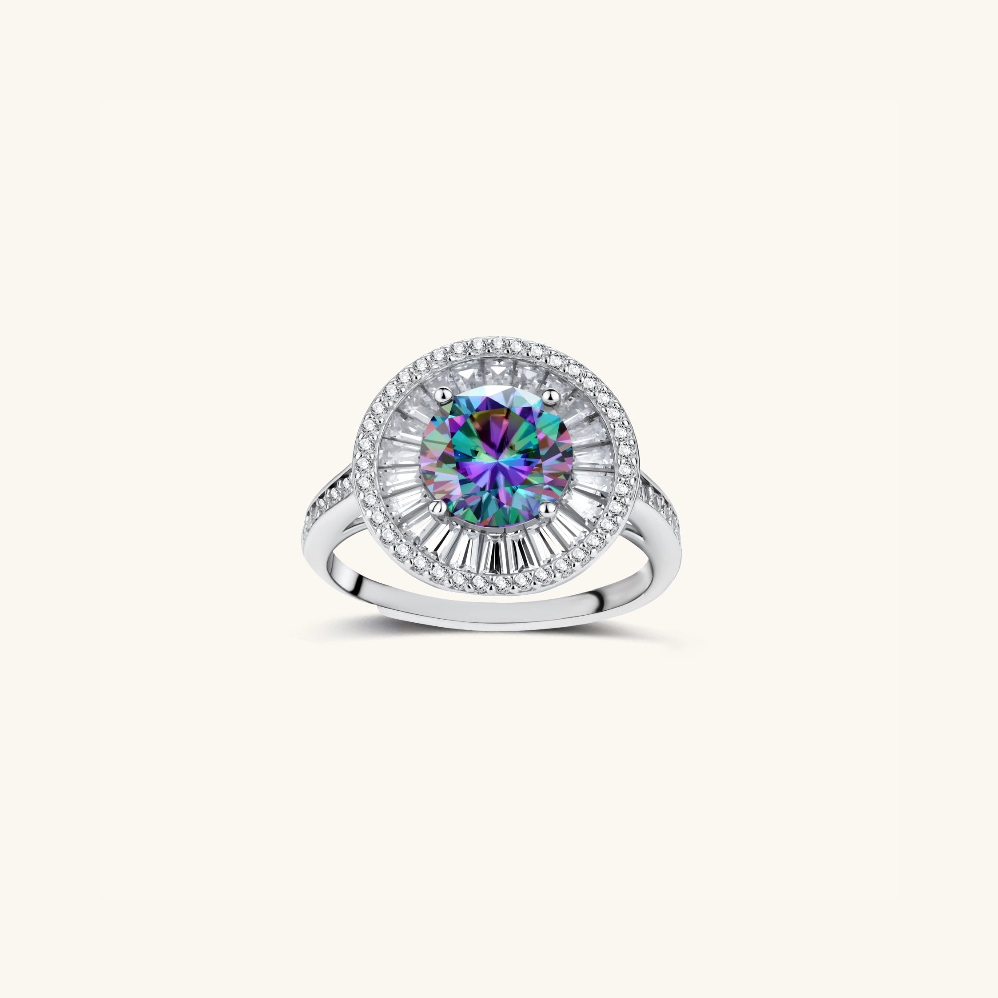Rainbow moissanite ring with 2ct VVS1 center and Art Deco baguette halo in 925 sterling silver, front view | VAHN Jewels
