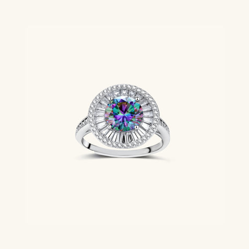 Rainbow moissanite ring with 2ct VVS1 center and Art Deco baguette halo in 925 sterling silver, front view | VAHN Jewels