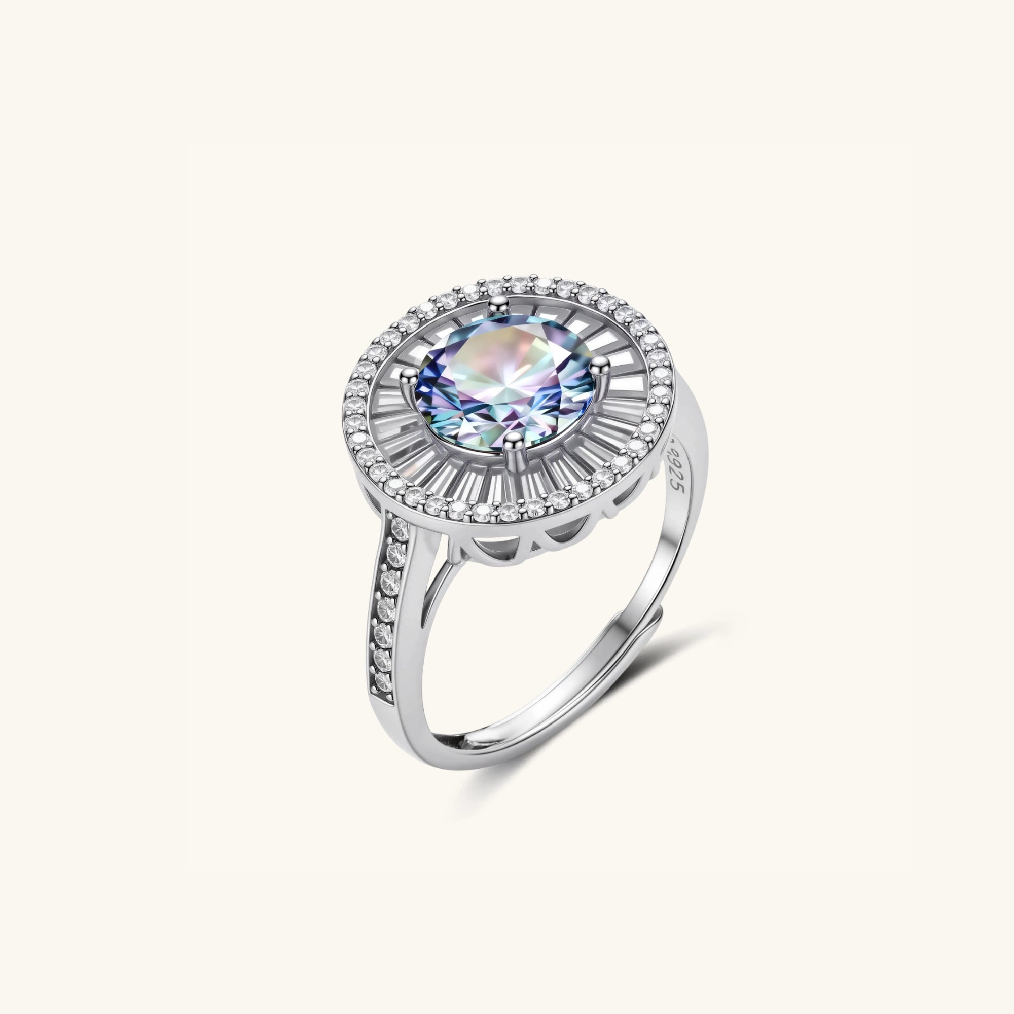 Side view of Art Deco moissanite ring with pave band in 925 sterling silver