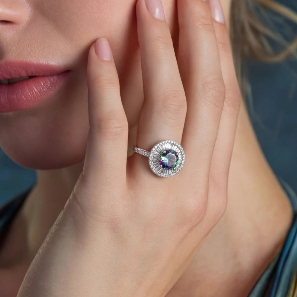 Woman wearing rainbow moissanite Art Deco ring in silver | VAHN Jewels