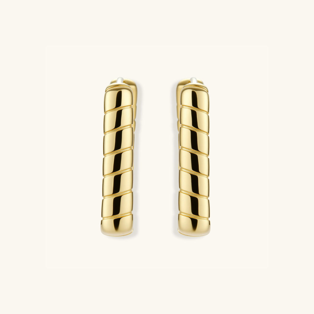 Side view of rectangular gold bamboo segment hoops in 18K gold-plated silver