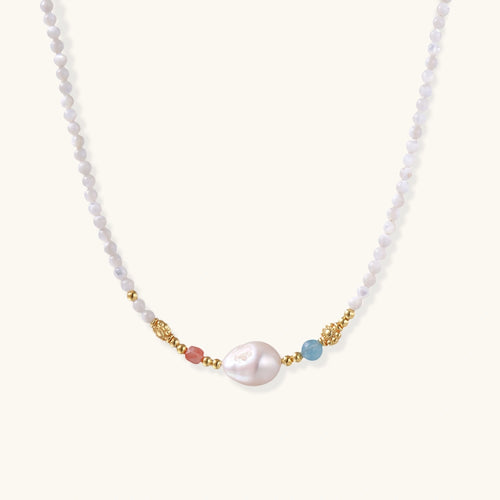 Baroque pearl beaded vermeil necklace with freshwater pearl and peach blue gemstone accents