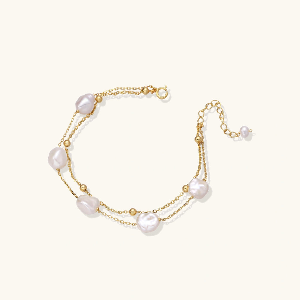 Gold vermeil pearl bracelet on double 18K vermeil chains with baroque pearls, front view | VAHN Jewels