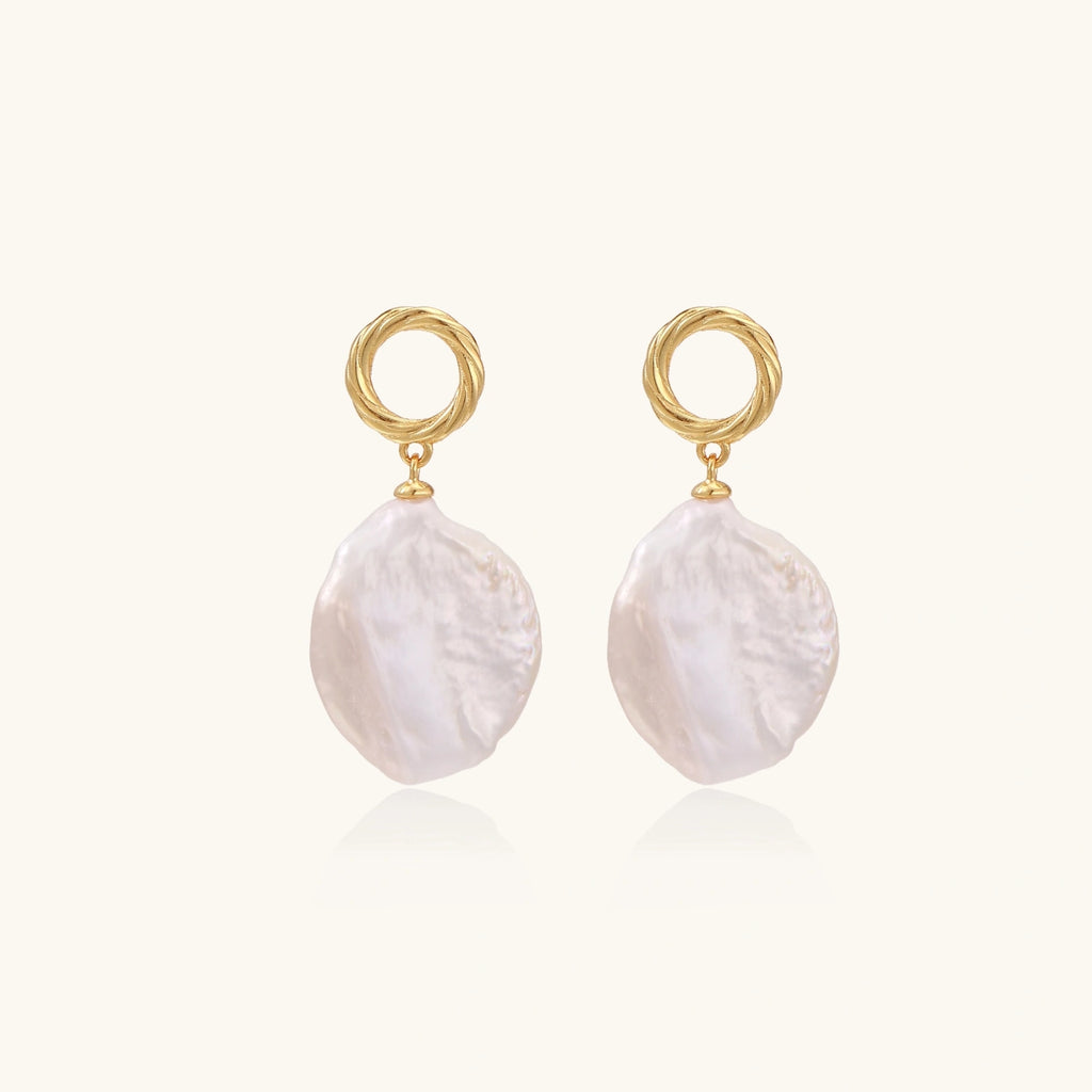 Baroque pearl drop earrings with twisted 18K gold vermeil loop and flat baroque freshwater pearl drop by VAHN Jewels