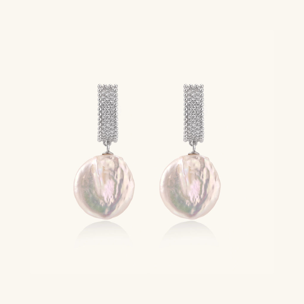 Baroque pearl drop earrings with pave crystal huggie in rhodium-plated 925 sterling silver, front view | VAHN Jewels