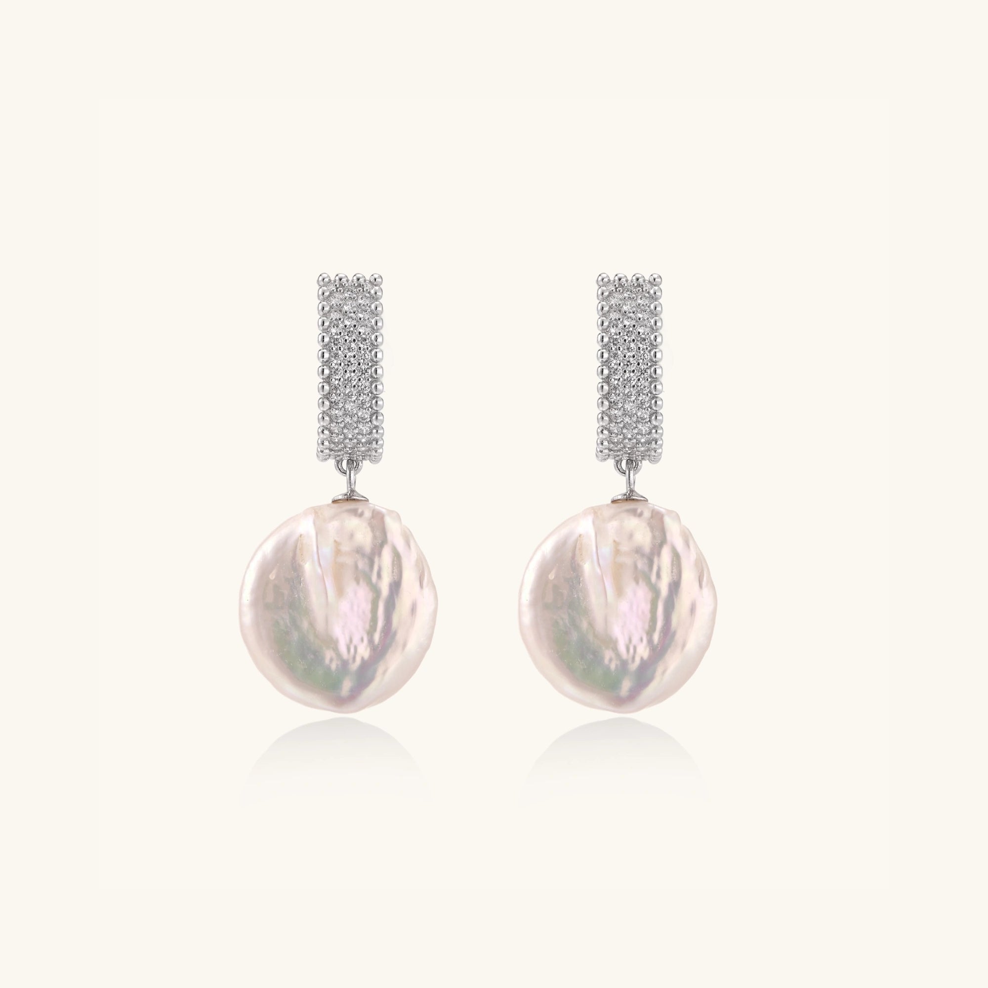 Baroque pearl drop earrings with pave crystal huggie in rhodium-plated 925 sterling silver, front view | VAHN Jewels