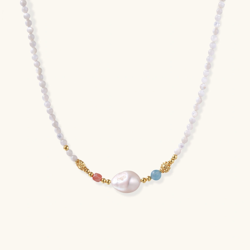 Baroque pearl garden necklace with freshwater pearl beads, green and blush gemstone accents and 18K gold vermeil by VAHN Jewels