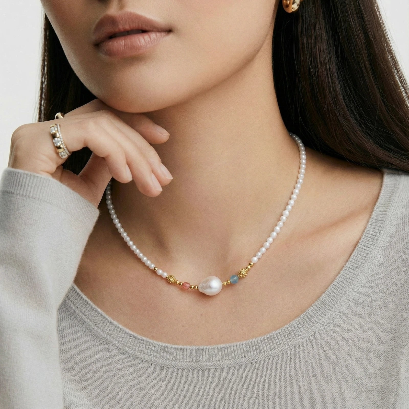 Woman wearing baroque pearl beaded vermeil necklace in 18K gold vermeil by VAHN Jewels