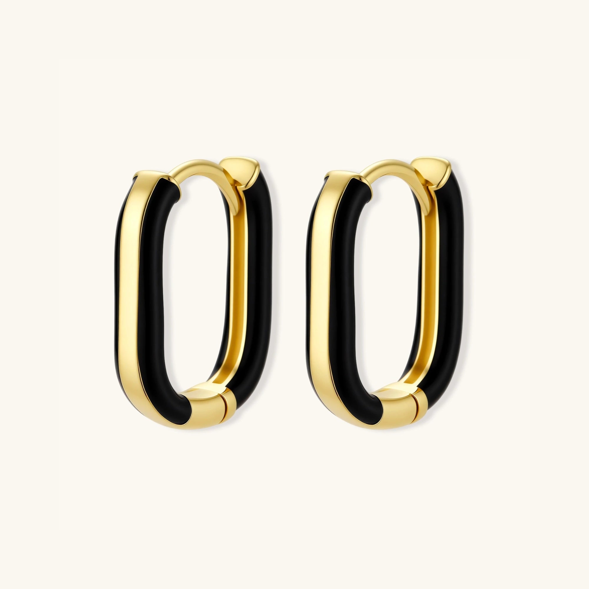 Black enamel gold hoop earrings in 14K gold-plated 925 sterling silver with glossy black contrast band by VAHN Jewels