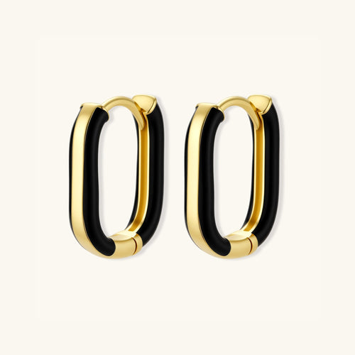 Black enamel gold hoop earrings in 14K gold-plated 925 sterling silver with glossy black contrast band by VAHN Jewels