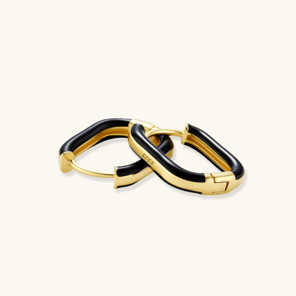 Standing pair of black enamel gold hoop earrings in 14K gold-plated 925 silver by VAHN Jewels