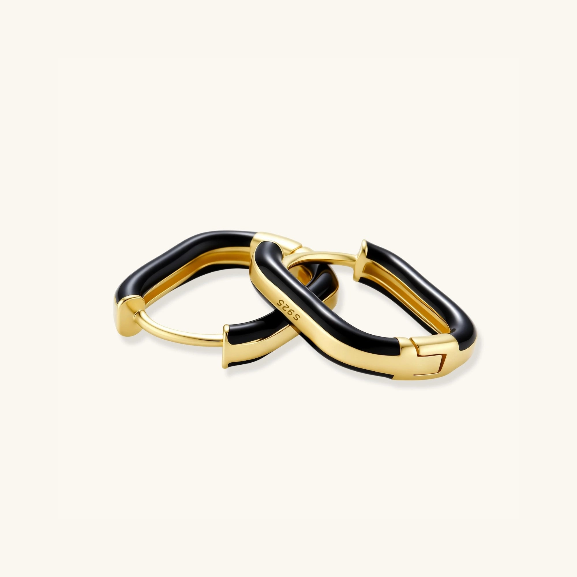 Standing pair of black enamel gold hoop earrings in 14K gold-plated 925 silver by VAHN Jewels