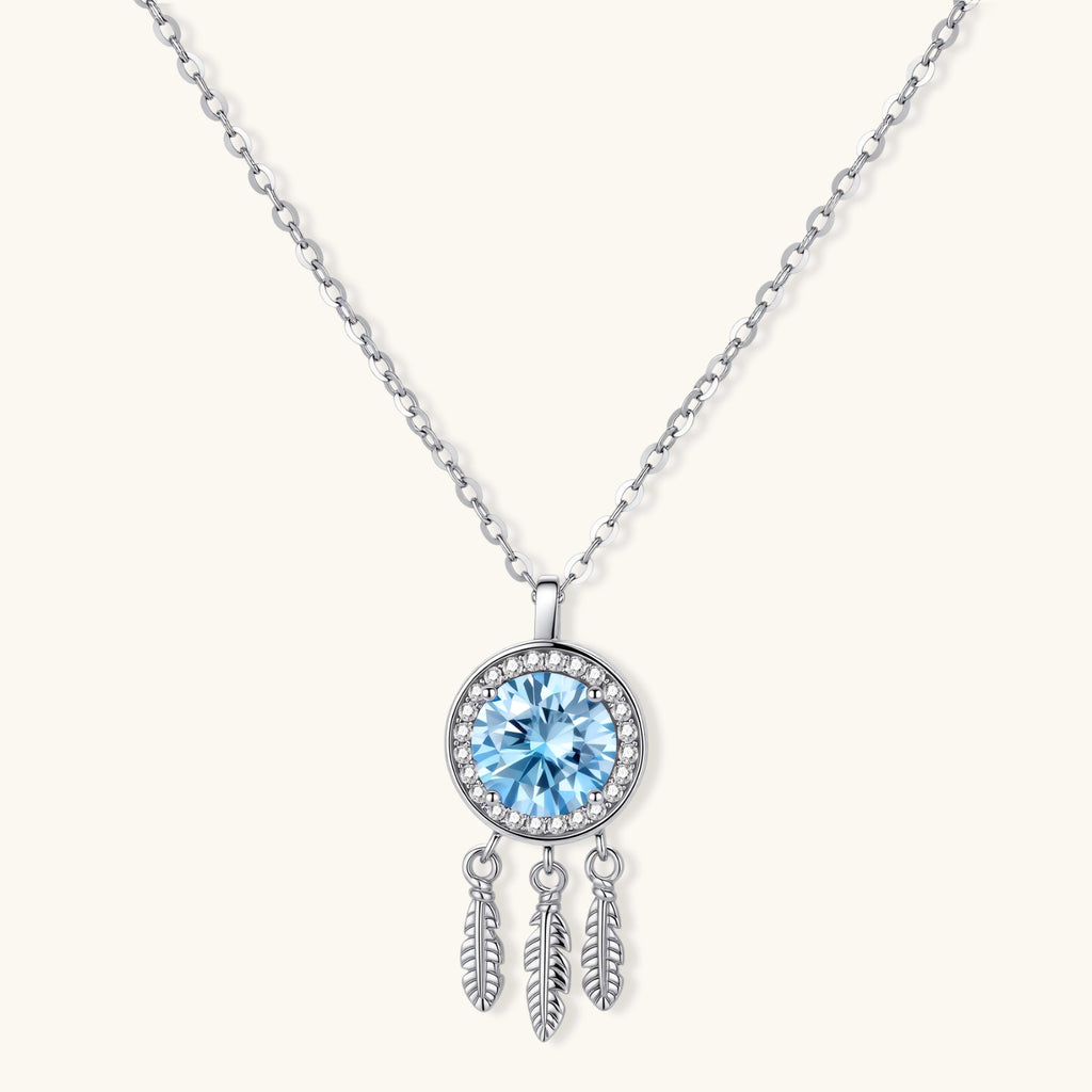 Blue moissanite feather pendant necklace in 925 sterling silver with 1ct VVS1 aqua stone and pave zirconia halo by VAHN Jewels