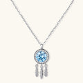 Blue moissanite feather pendant necklace in 925 sterling silver with 1ct VVS1 aqua stone and pave zirconia halo by VAHN Jewels