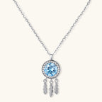 Blue moissanite feather pendant necklace in 925 sterling silver with 1ct VVS1 aqua stone and pave zirconia halo by VAHN Jewels