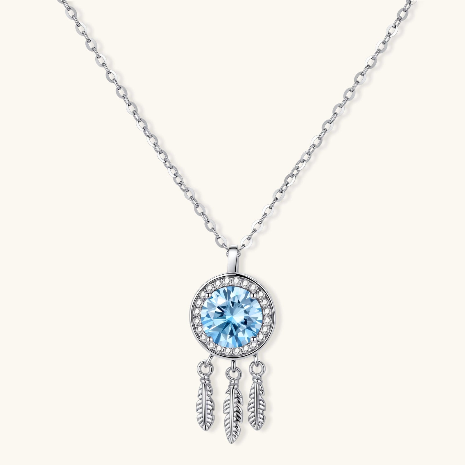 Blue moissanite feather pendant necklace in 925 sterling silver with 1ct VVS1 aqua stone and pave zirconia halo by VAHN Jewels