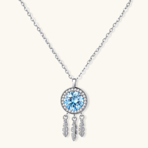 Blue moissanite feather pendant necklace in 925 sterling silver with 1ct VVS1 aqua stone and pave zirconia halo by VAHN Jewels