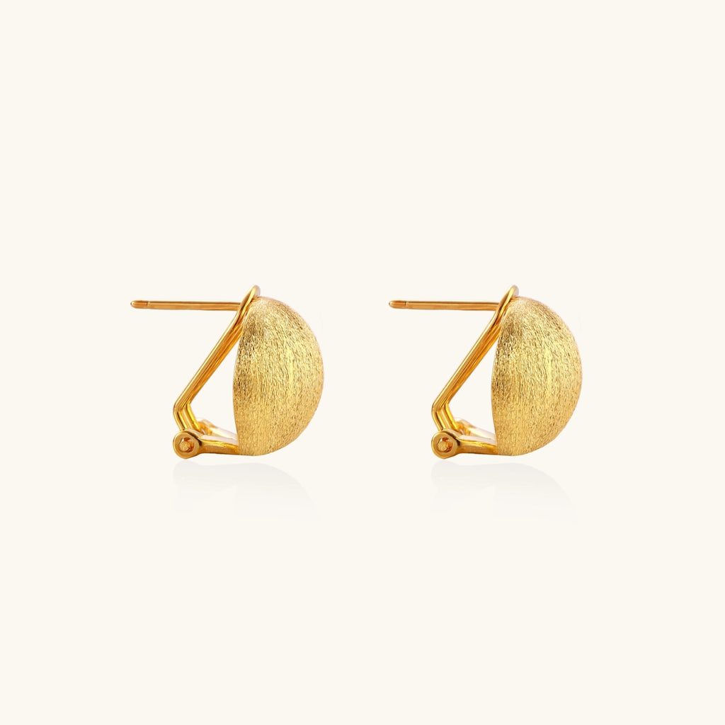 Pair of sculptural brushed gold dome clip earrings, non-pierced, 925 sterling silver