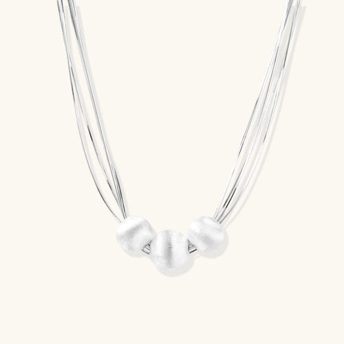 Brushed silver multi-strand necklace in 925 sterling silver with three sculptural brushed beads by VAHN Jewels