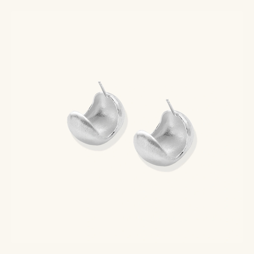 Pair of sculptural brushed silver pebble stud earrings, solid 925 sterling silver