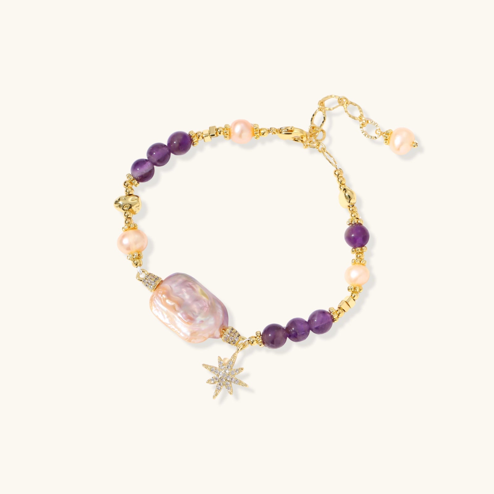  Celestial amethyst pearl bracelet in 14K gold plated eco-brass with pave star charm and baroque pearl