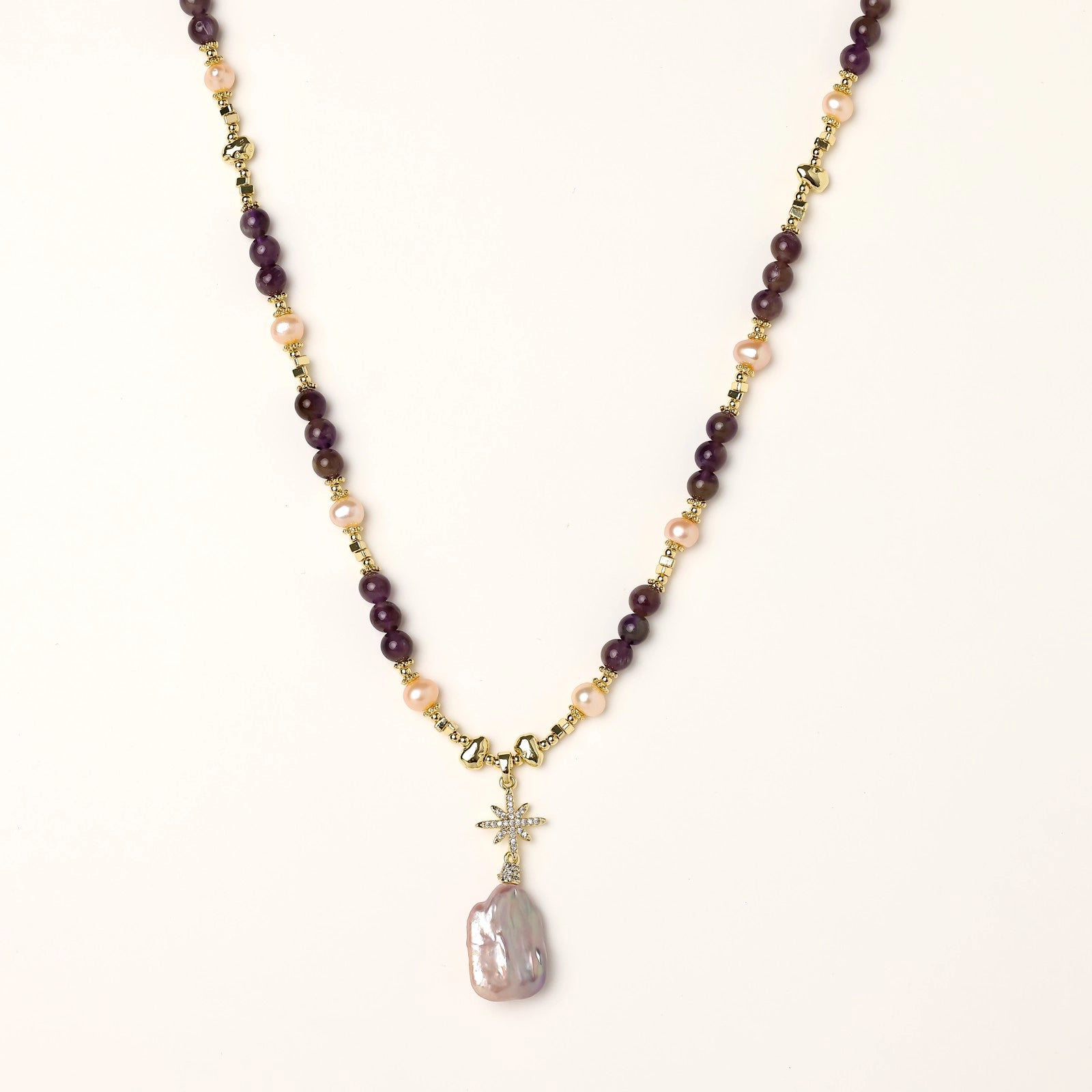  Celestial amethyst baroque pearl necklace in 14K gold plated eco-brass with pavé star pendant