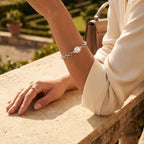 Woman wearing chunky silver link pearl bracelet | VAHN Jewels