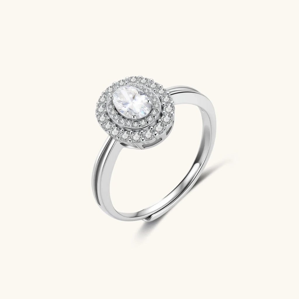 Close-up of double halo moissanite ring with two rows of stones in 925 sterling silver